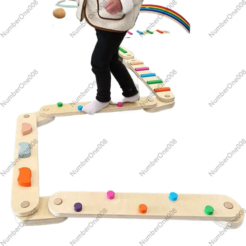Kids Outdoor Balance Beam - Dikke houten evenwichtsbalk met tactiele markeringen,