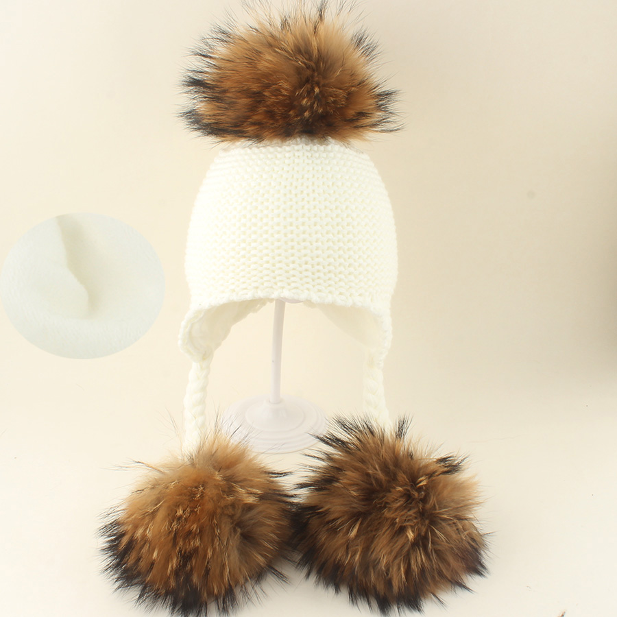 Kids Outdoor Dome - Winter Echt Bont Pompom 3-bal Hoed