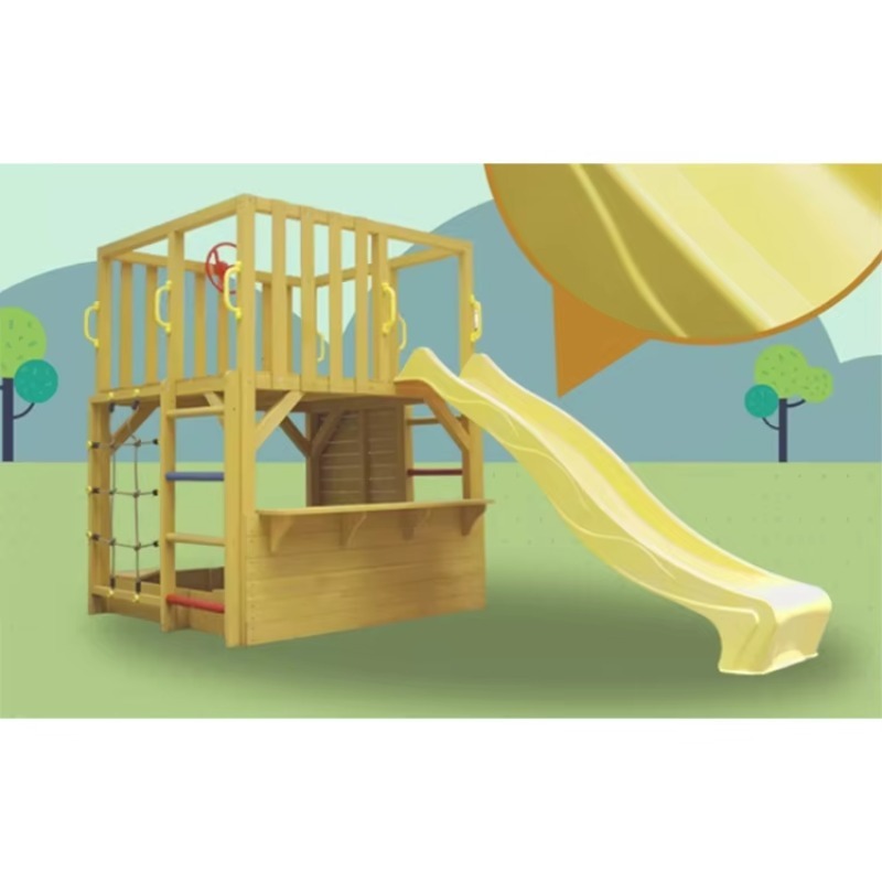 Kids Outdoor Climbing Wall - Houten buitenhuisje en glijbaan met klimnet/wand